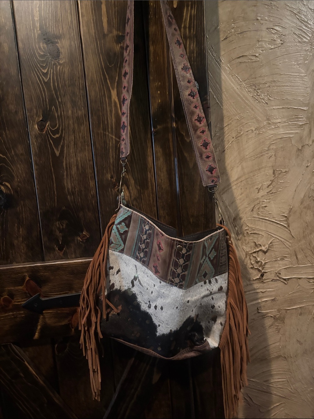 Source Unknown Brown, Cream & Turquoise Fringed Shoulder Bag